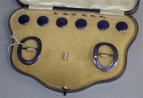 An Edwardian cased set of silver and enamel buttons and buckles (one piece missing), Lawrence Emmanuel, Birmingham, 1908,